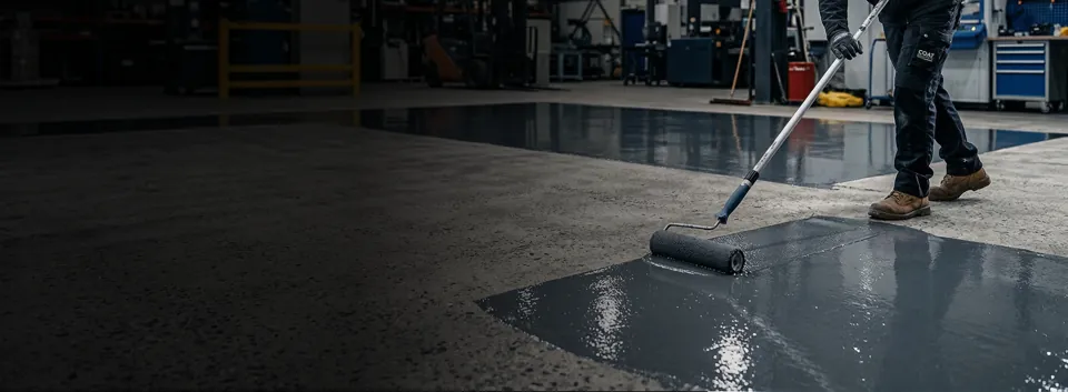 Floor coating being applied with a roller.