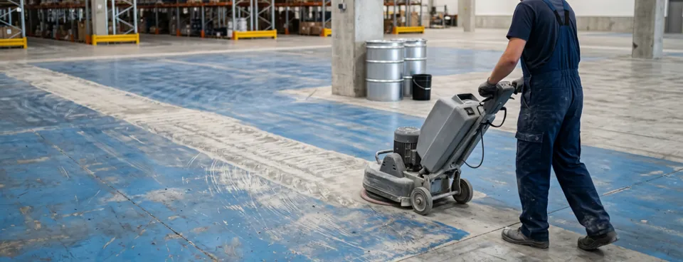 Concrete floor being mechanically prepared for a new coating system.