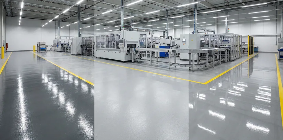 Large manufacturing floor with machinery and marked working areas.