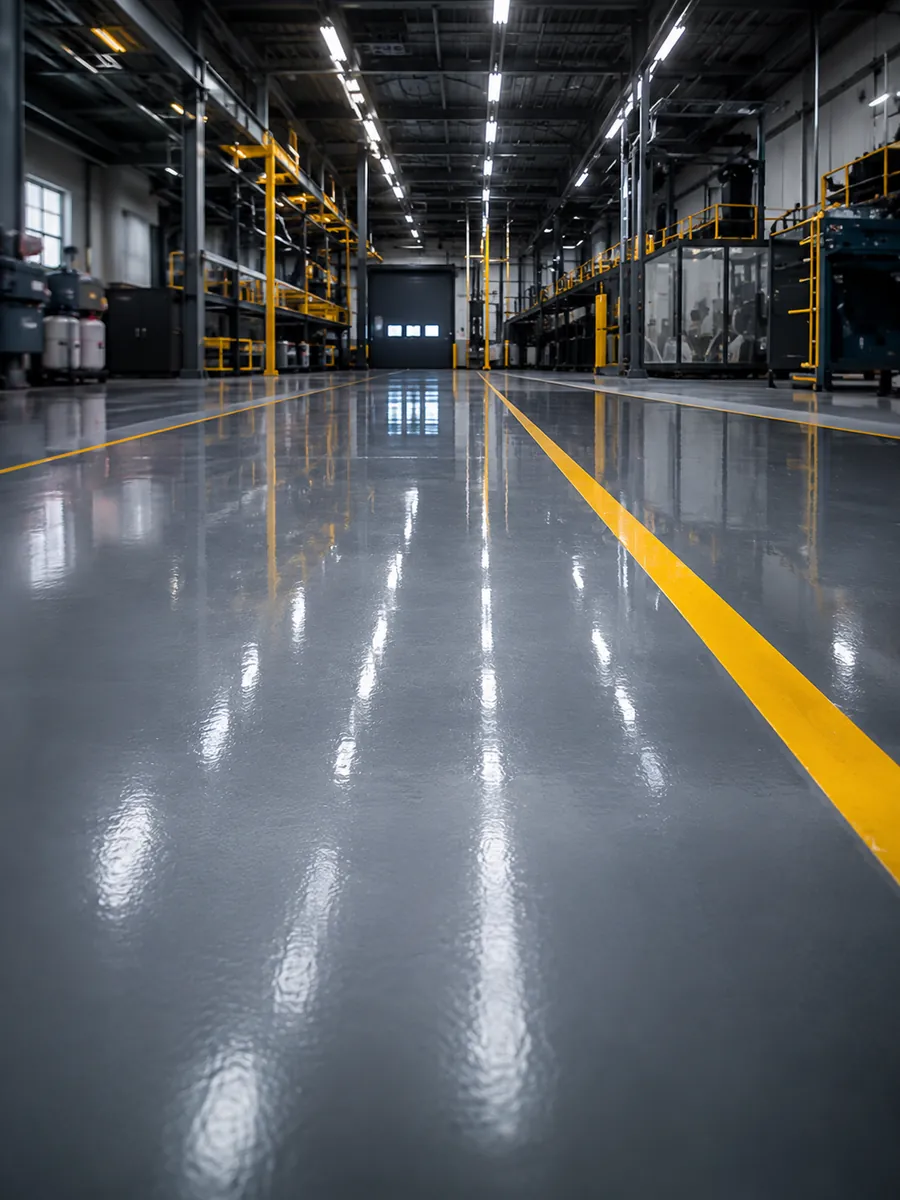 Coated warehouse floor with marked traffic lanes and industrial storage areas.